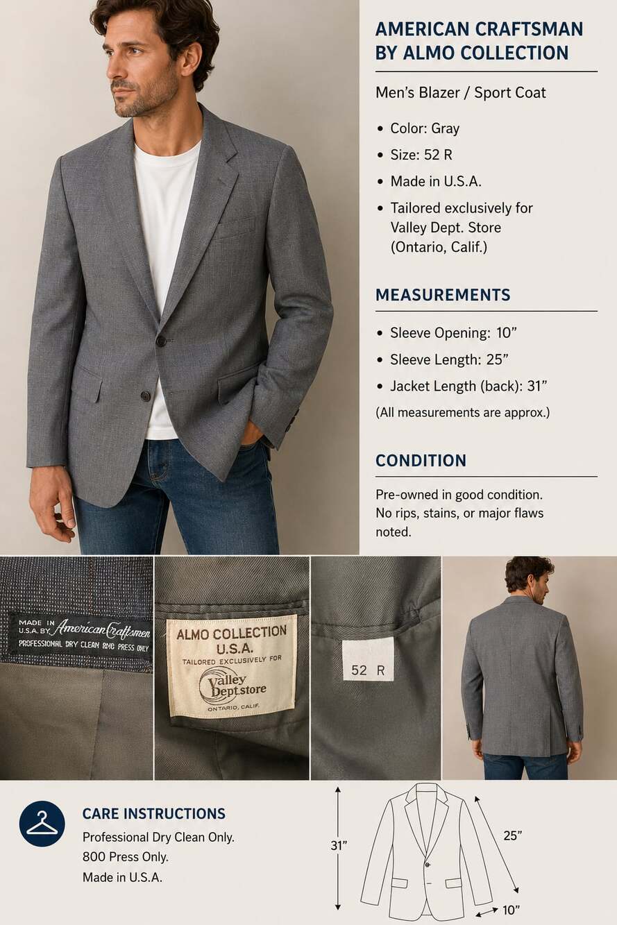 American Craftsmen Almo Collection Men's Gray Blazer Sport Coat 52R